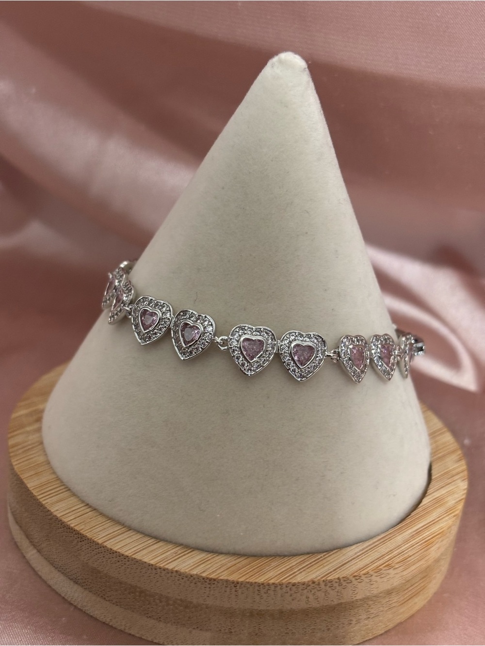 Delicate Pink Heart Tennis Bracelet - Silver Tone